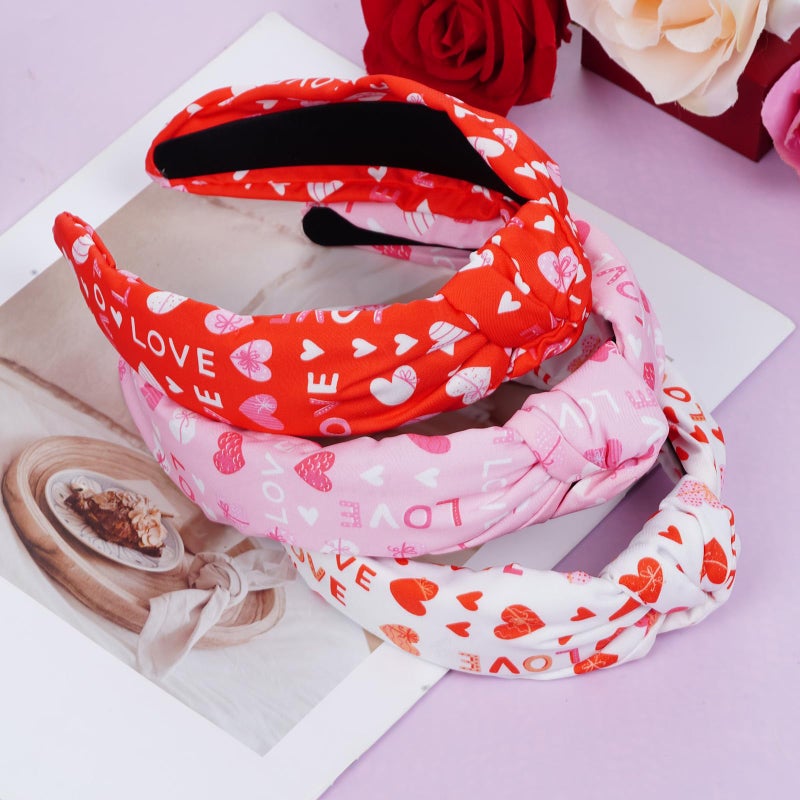 Sucrain 3pcs Valentine Headband Printed LOVE Red Heart Knotted Head Band Valentine’s Day Knotted Hairband for Women Girls Valentine Party Gifts - Image 3